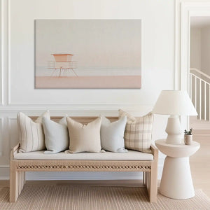 Large pastel shoreline canvas print perfect for above sofa placement in bright spaces