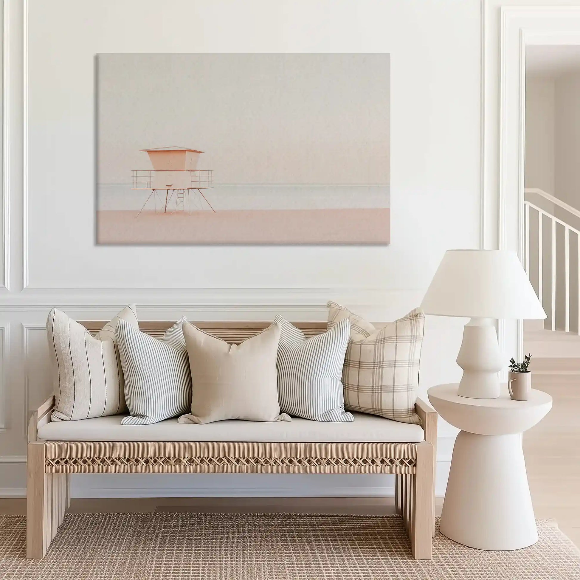 Large pastel shoreline canvas print perfect for above sofa placement in bright spaces
