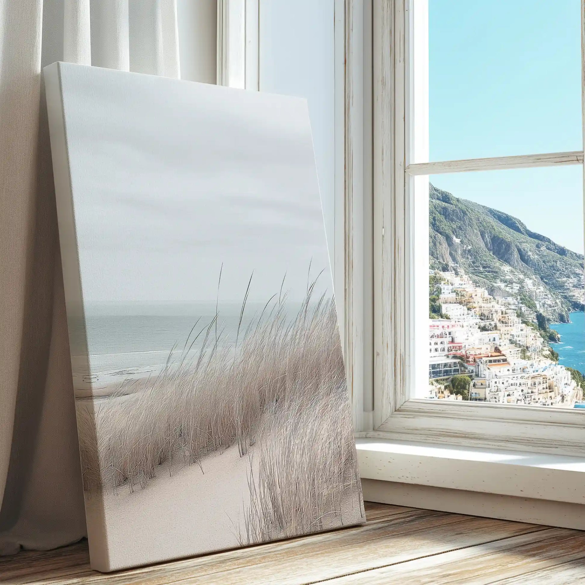 Dune reeds by shoreline captured in a canvas print with natural style