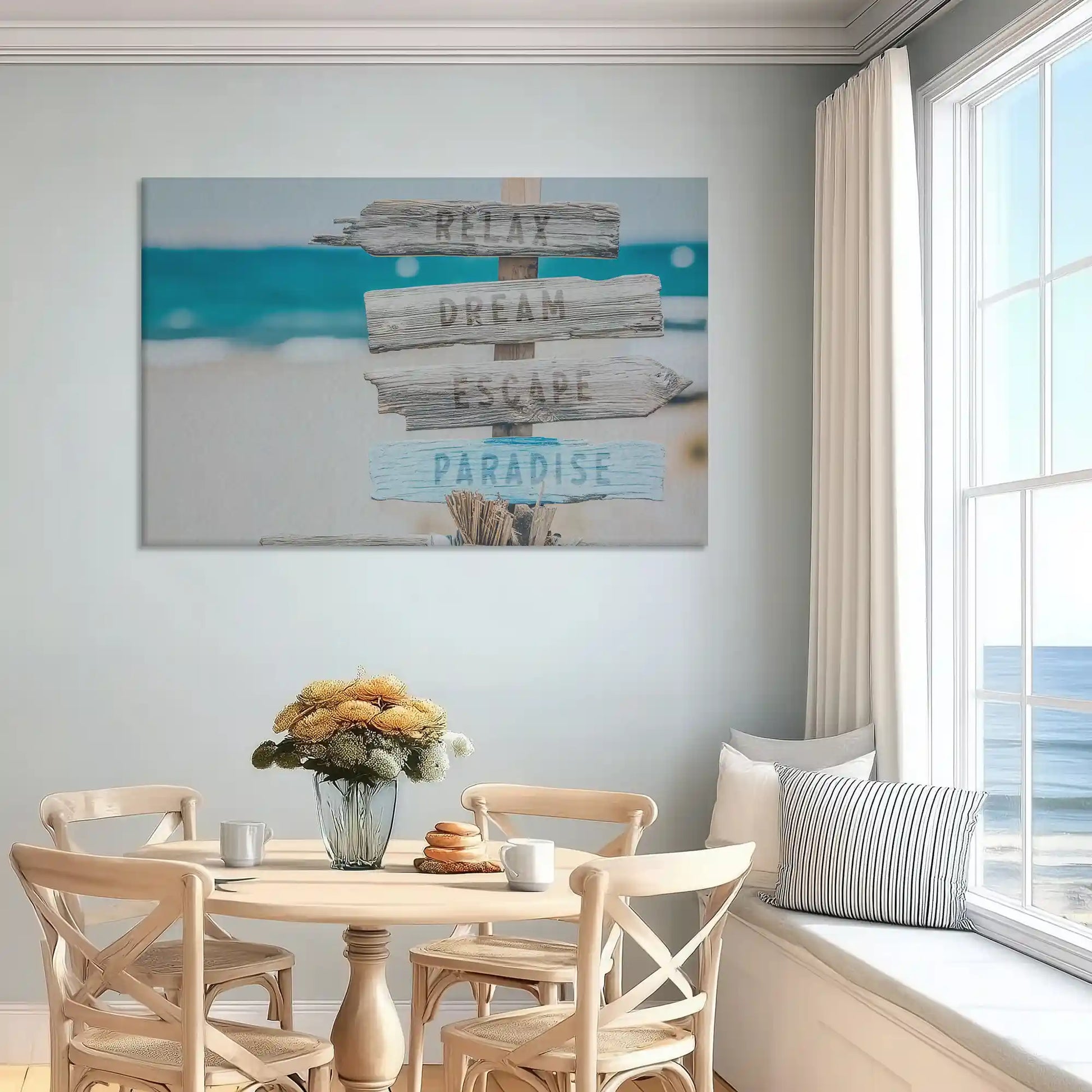 Oversized coastal sign canvas print styled as uplifting wall decor for homes