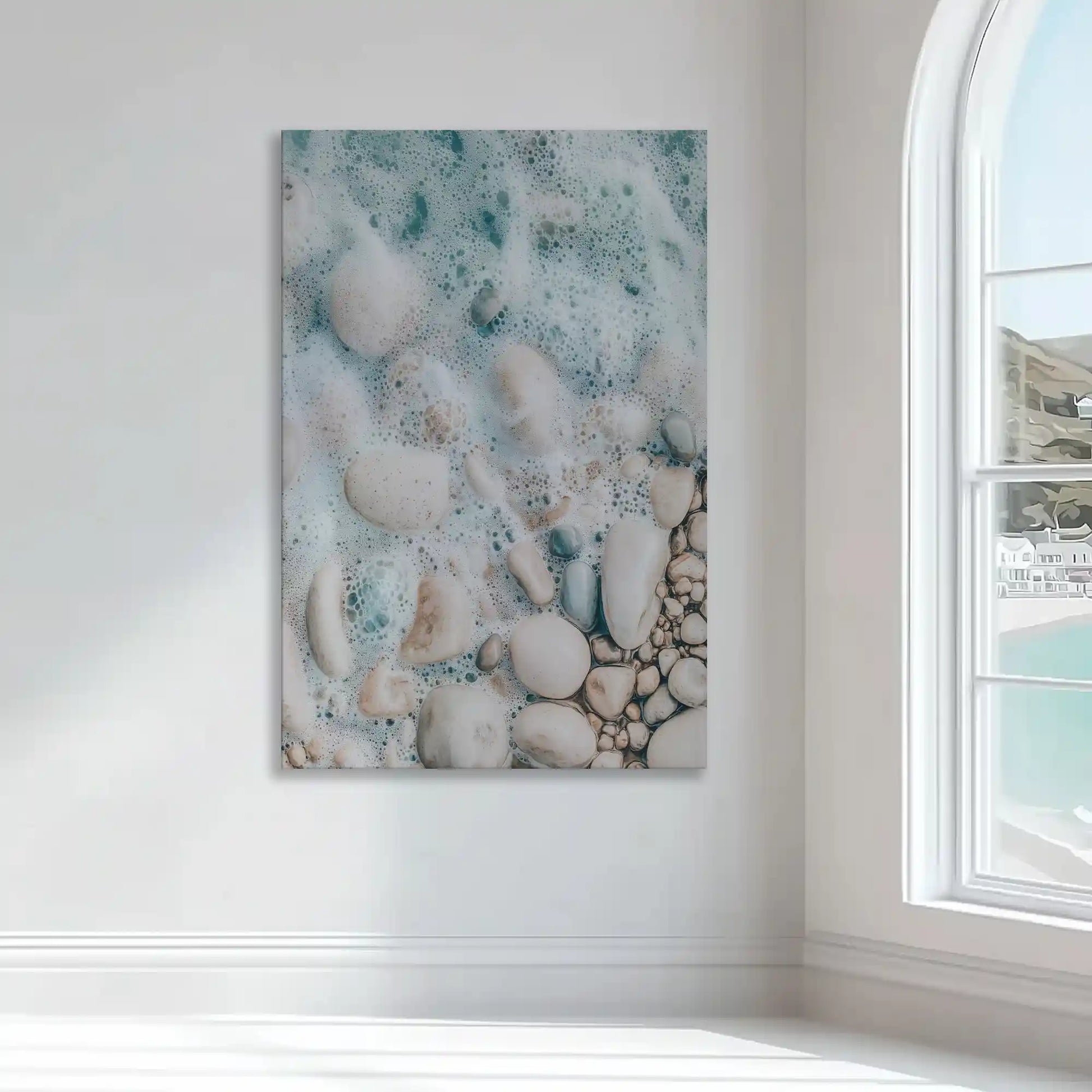 Soft aqua and beige coastal wall decor bringing fresh seaside calm to modern interiors