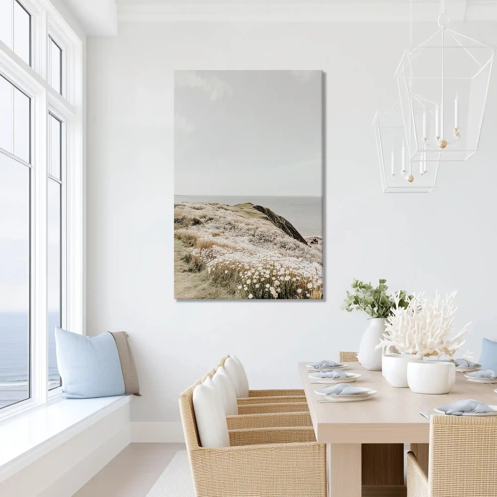 Oversized coastal wildflowers canvas wall art for bright bathroom retreat