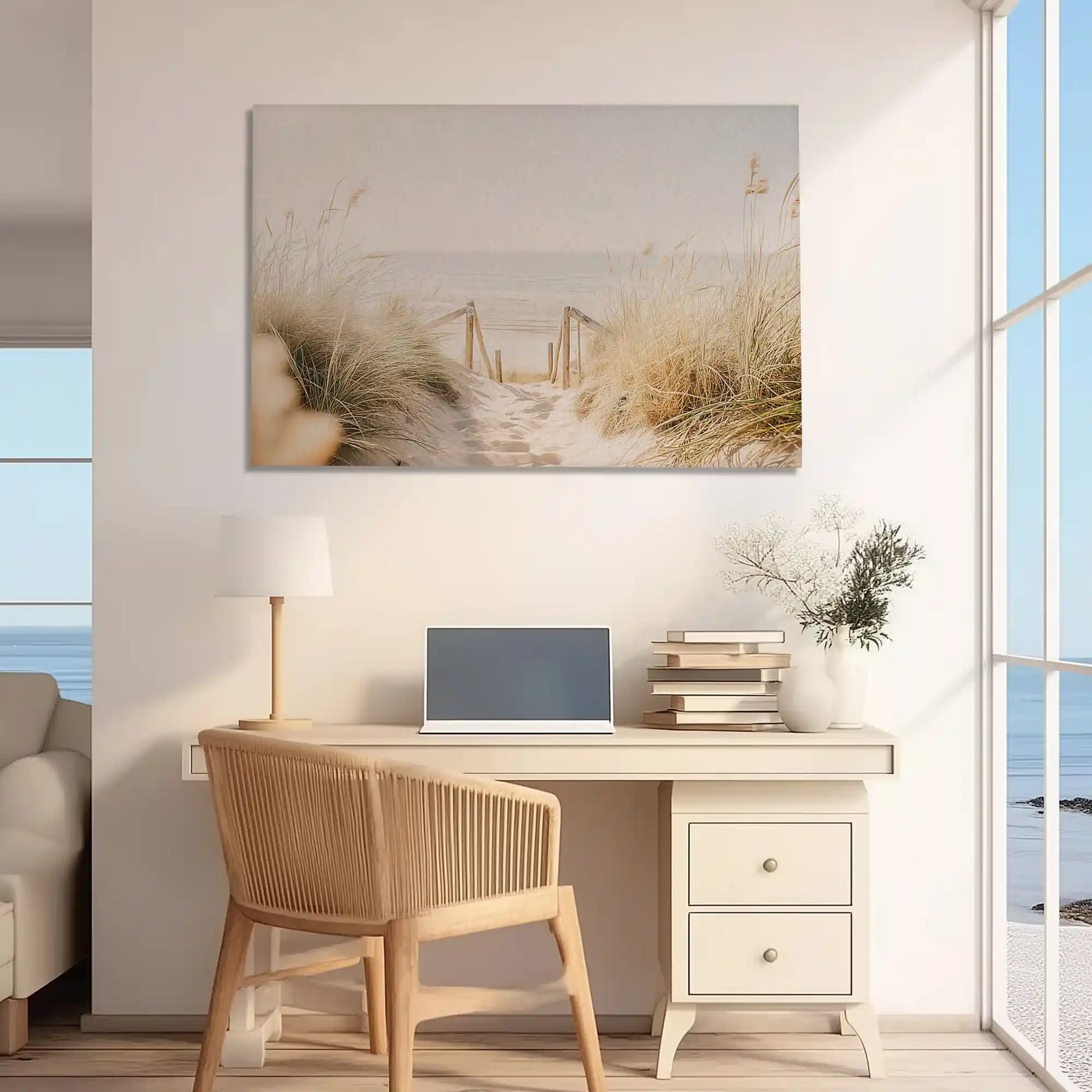 Peaceful shoreline walkway painting adding coastal charm to contemporary interiors