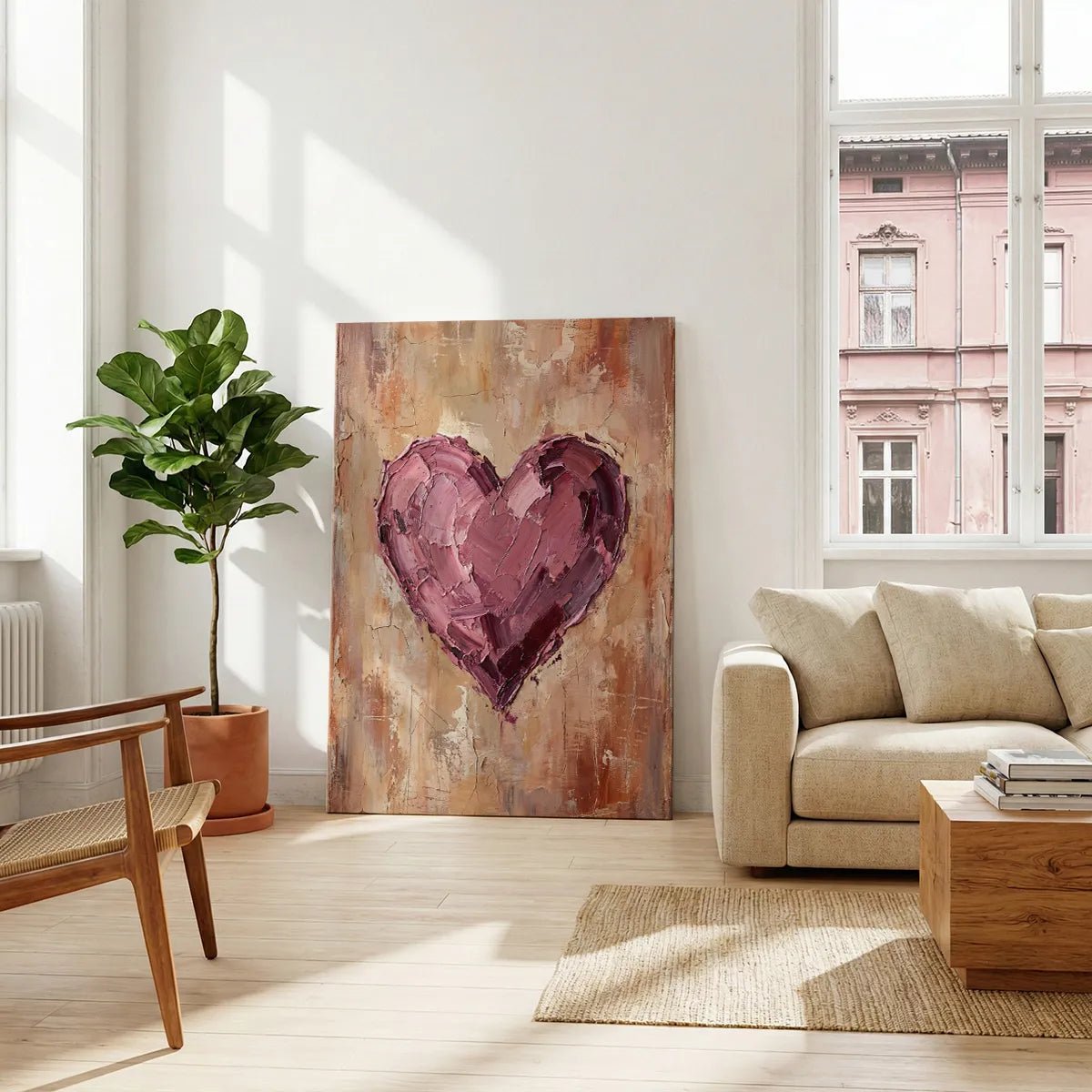 Gallery wrapped canvas showing a large heart in expressive pinks and purples, textured with thick strokes on a tan and brown base