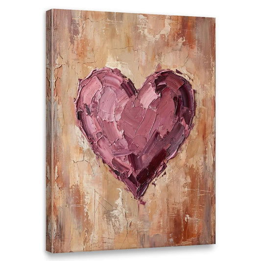 Abstract canvas wall art featuring a bold pink and purple heart with textured brushstrokes on a rustic earth-toned background