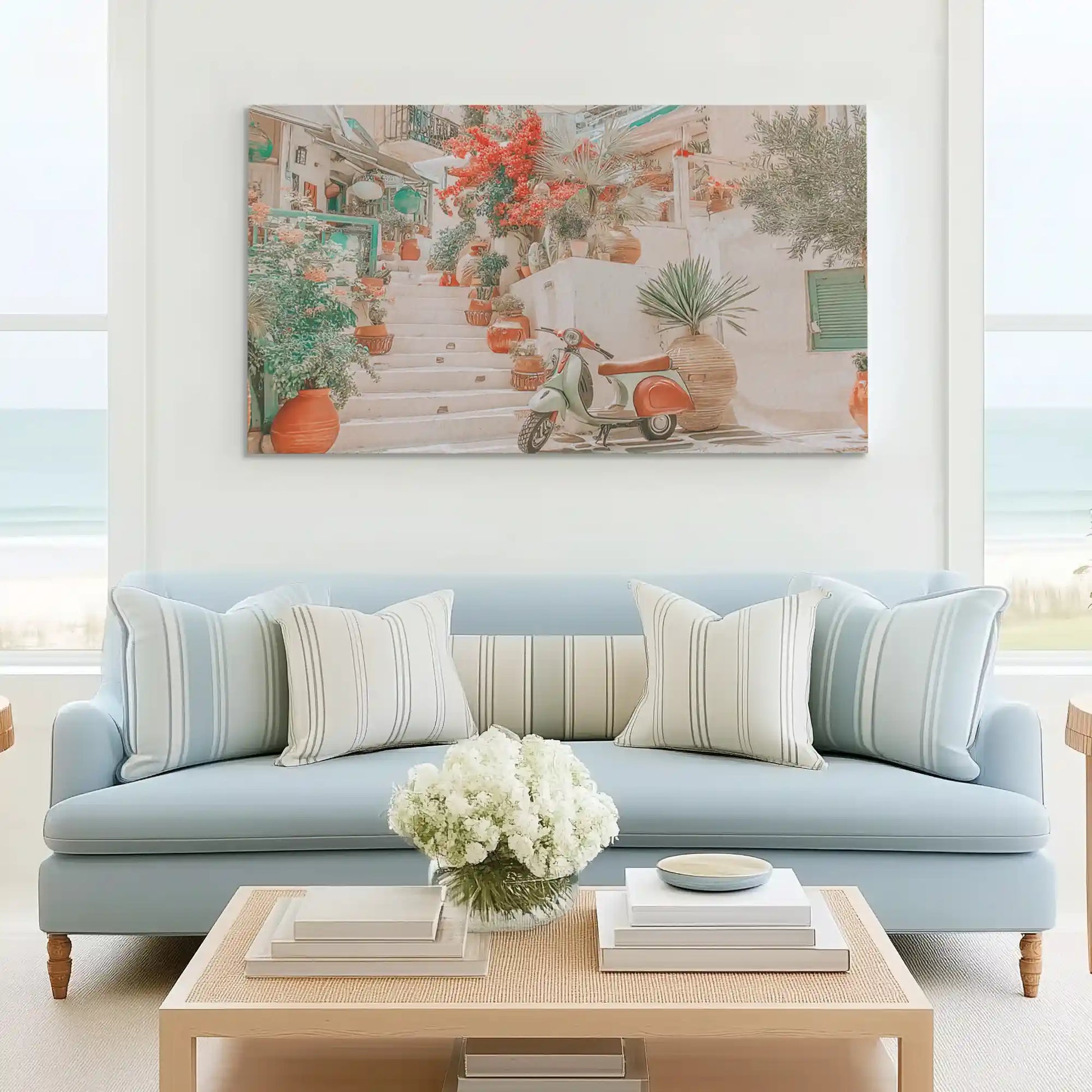 Large floral street canvas print perfect for above sofa placement in bright spaces