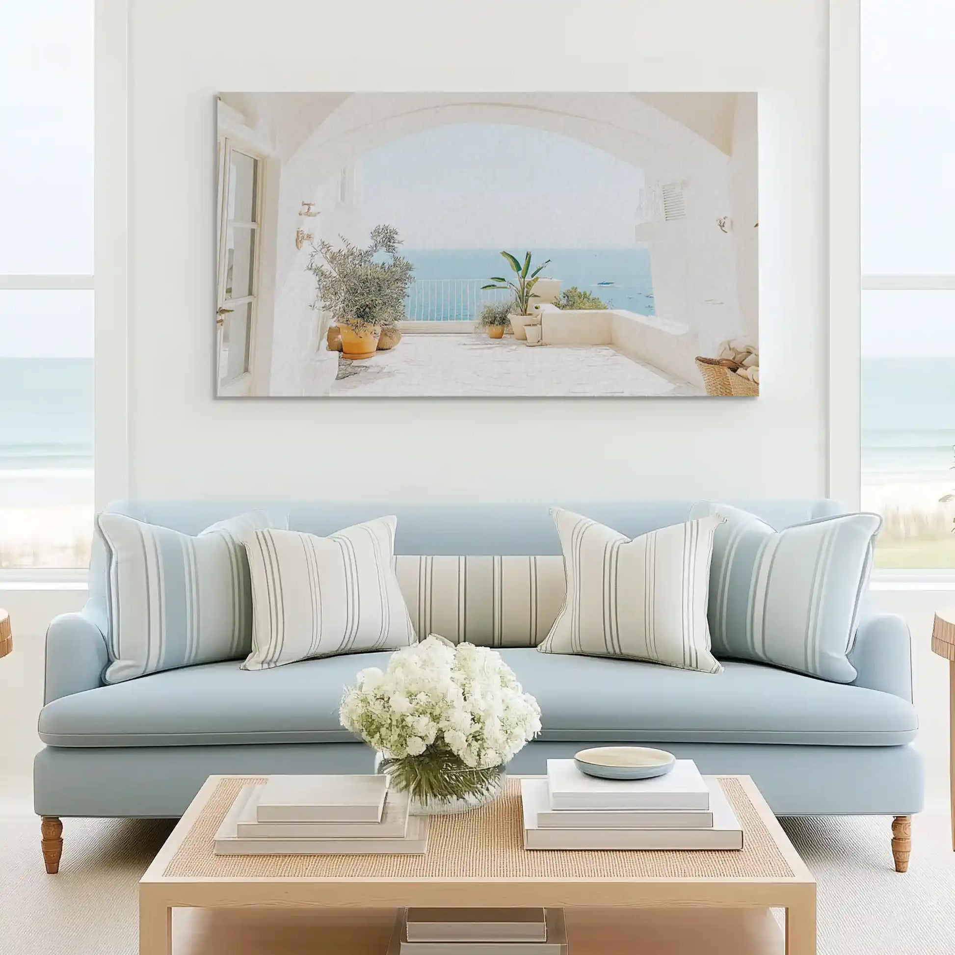 Tranquil ocean view canvas wall art complementing modern Mediterranean décor