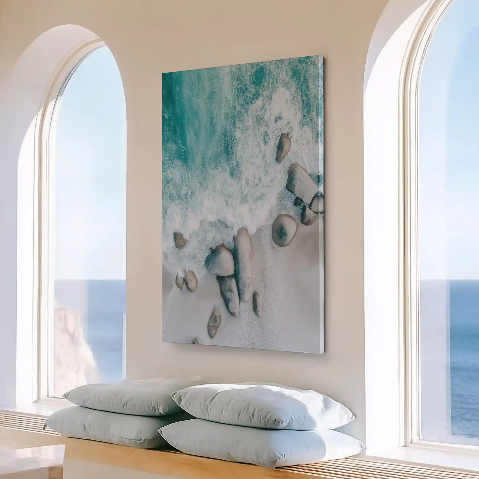 Large vertical ocean wave painting perfect for enhancing bright contemporary living room walls