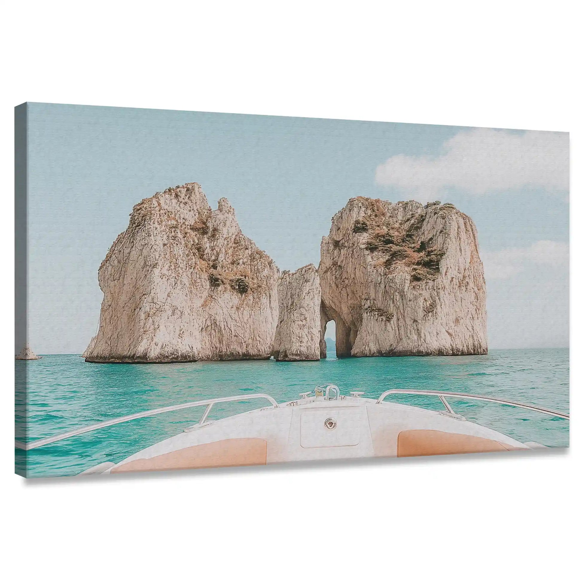 Coastal canvas wall art of Capri sea cliffs viewed from a boat with turquoise ocean waters