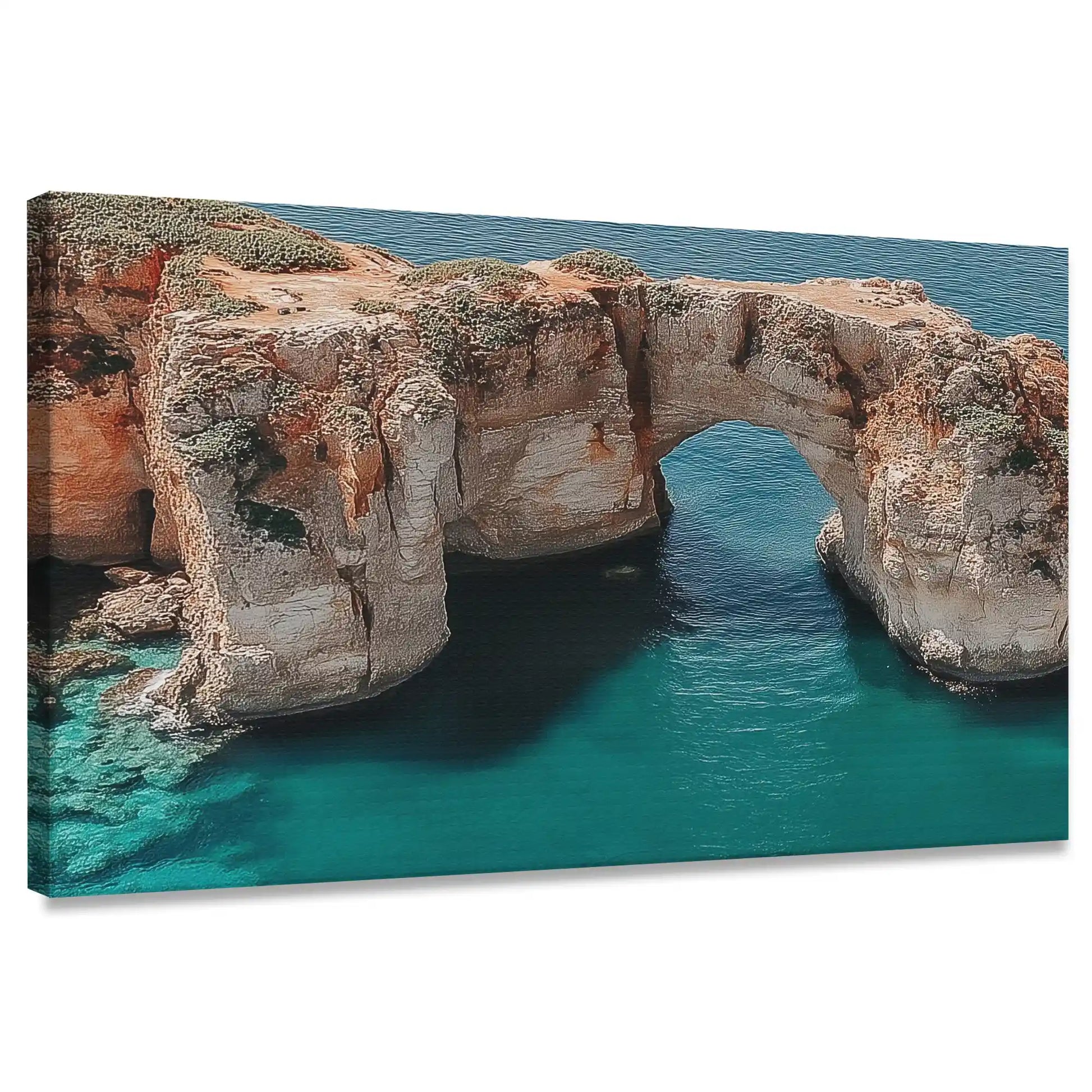 Modern coastal cliff canvas wall art for living room featuring turquoise waters and rocky arch