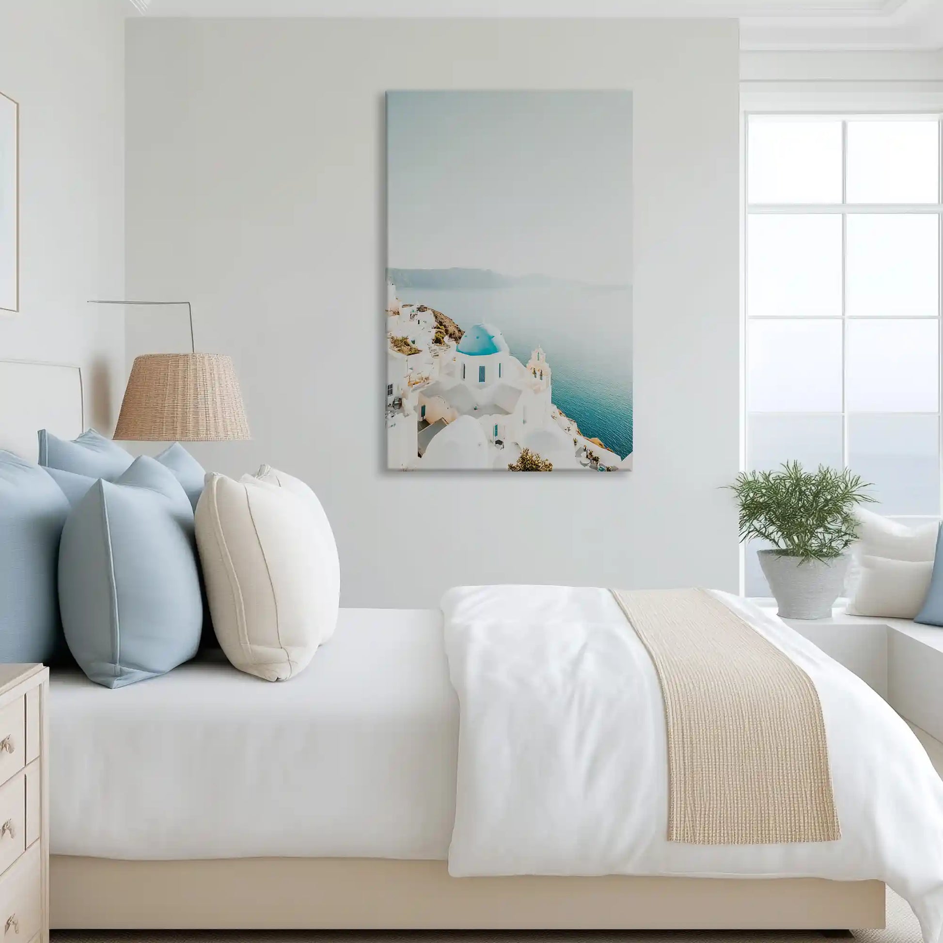 Calming white and blue rooftops canvas art complementing airy interior design