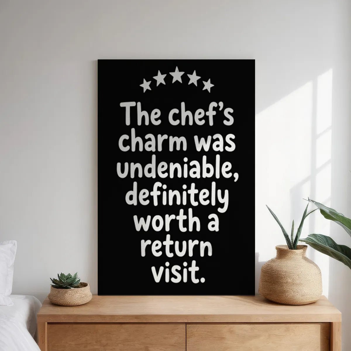 Gallery wrapped canvas with a monochrome design, featuring centered white text and stars in a clean, flat layout.