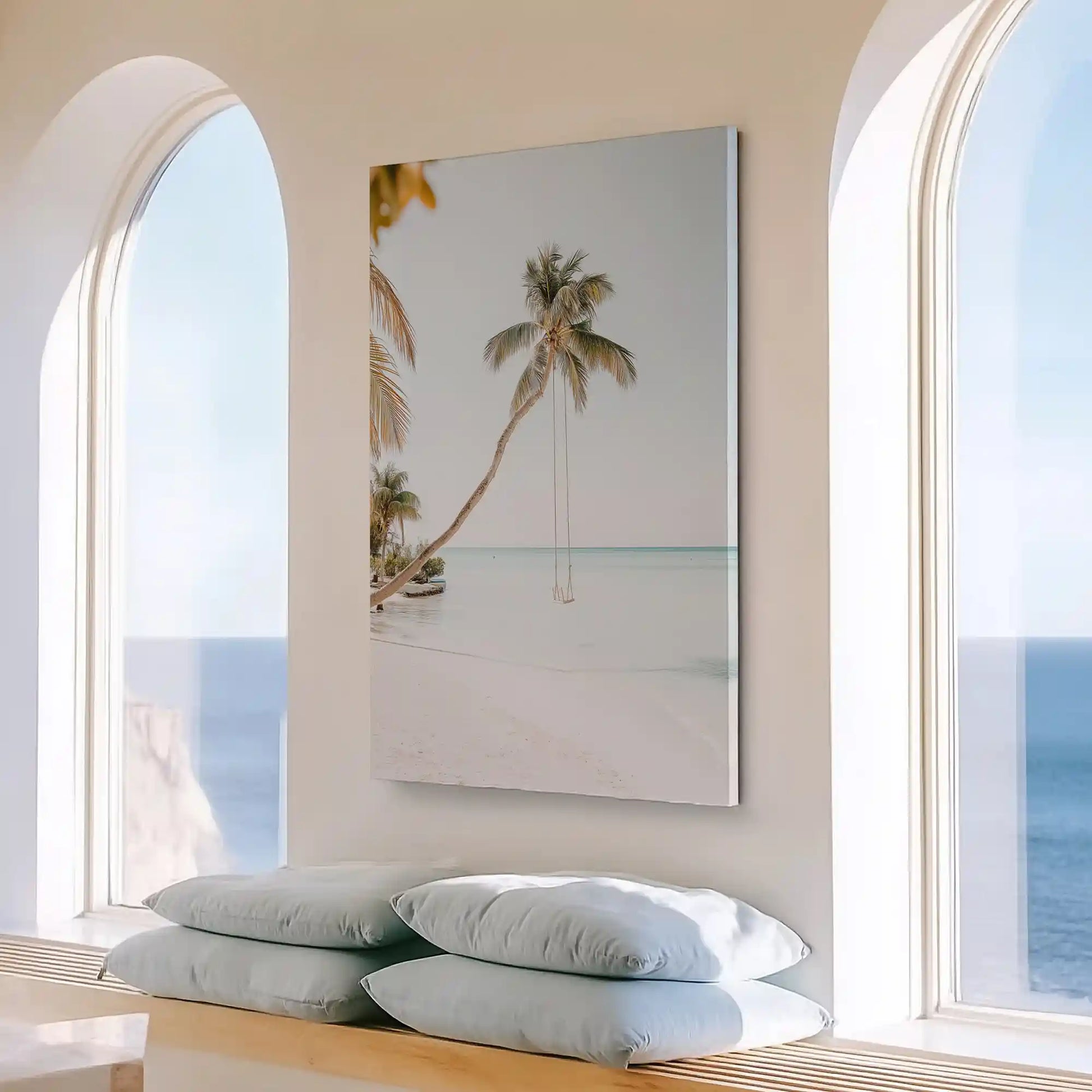 Large vertical beach swing painting perfect for enhancing bright contemporary living room walls