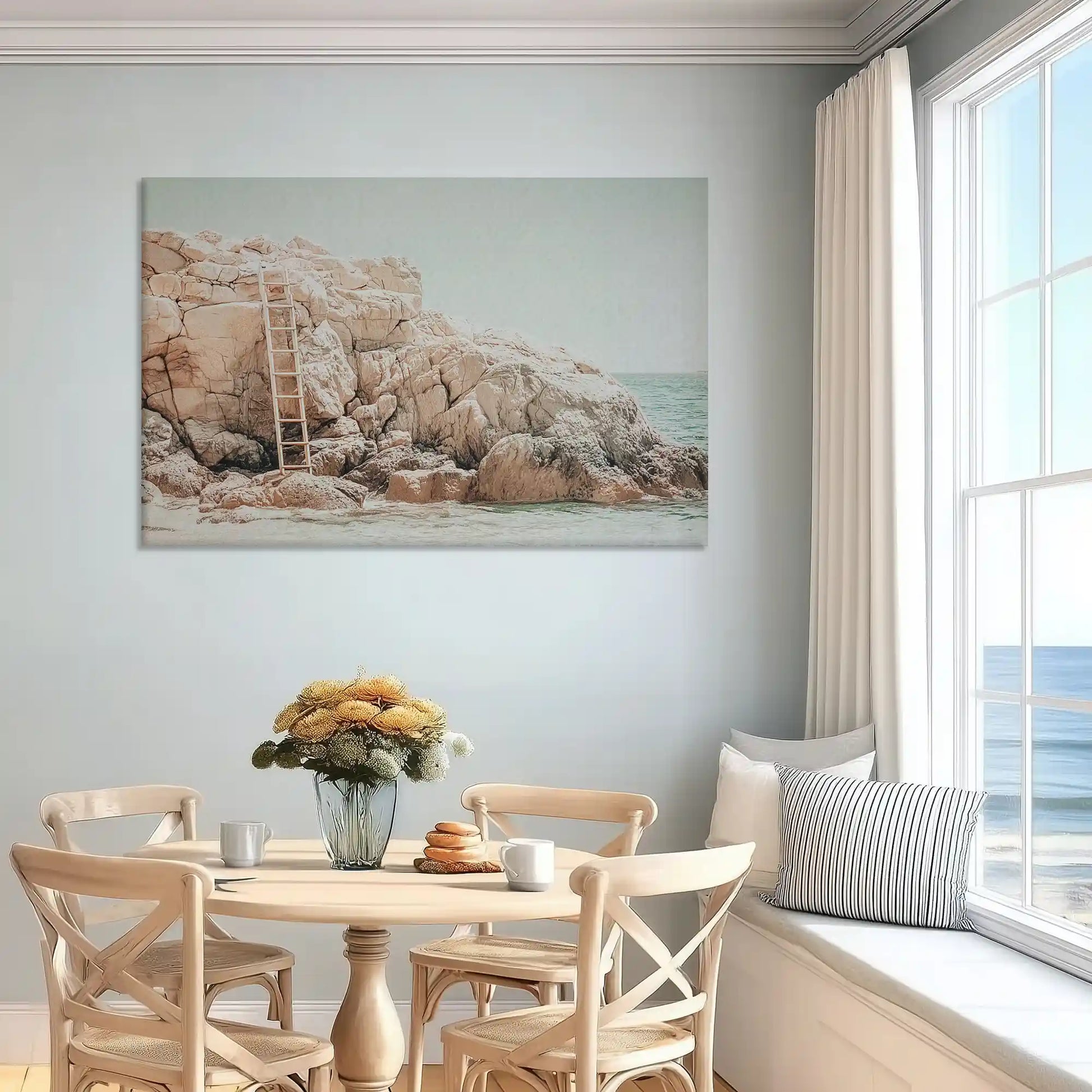 Rustic rocky coast canvas art enhancing serene bedroom wall design