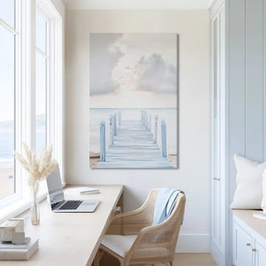 Calming coastal dock painting with soft tones for farmhouse chic spaces