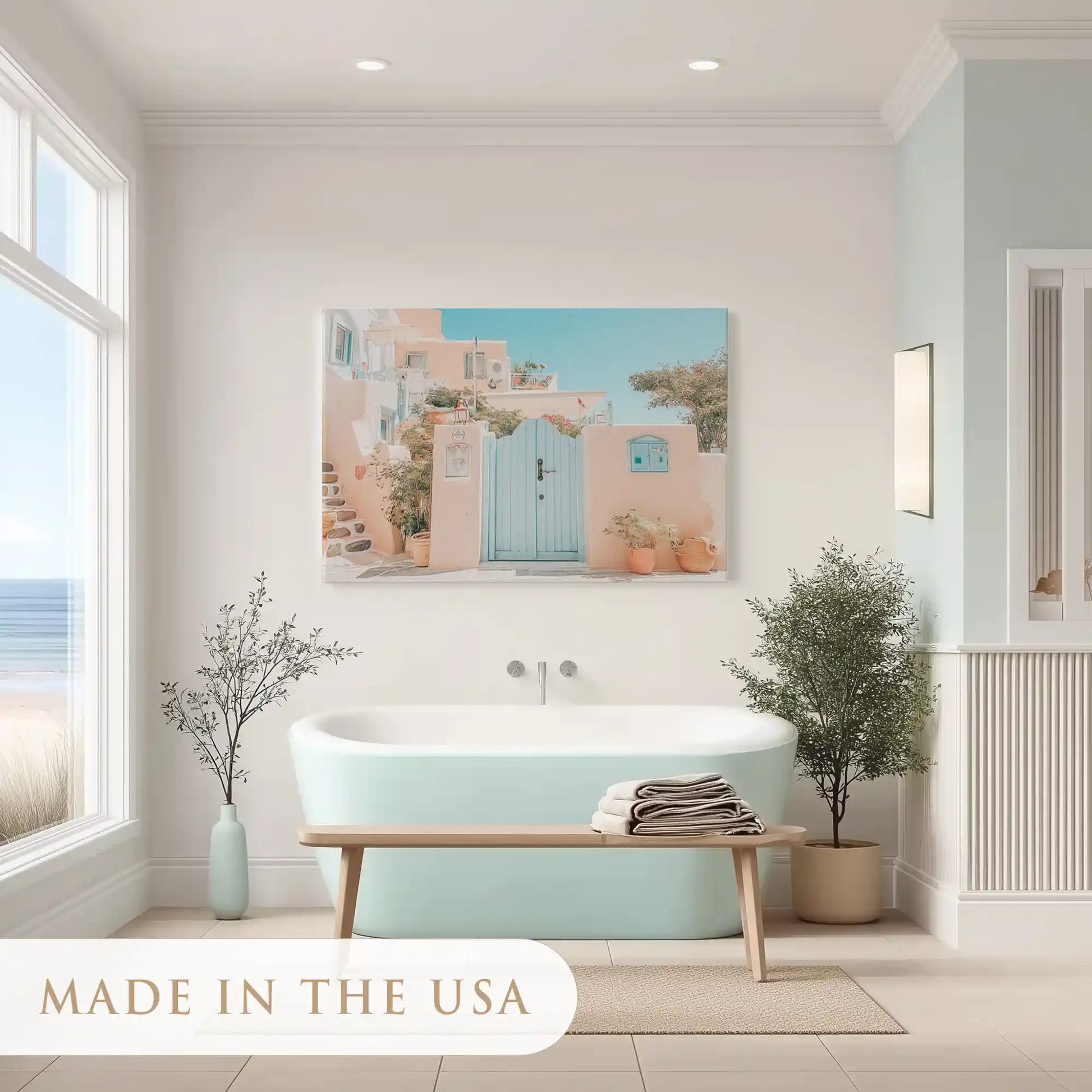Rustic Mediterranean coastal canvas print perfect for living room or bedroom wall decor