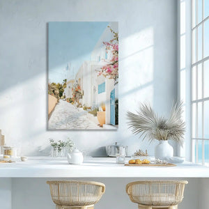 Whitewashed houses and flowers wall decor enhancing dining room elegance