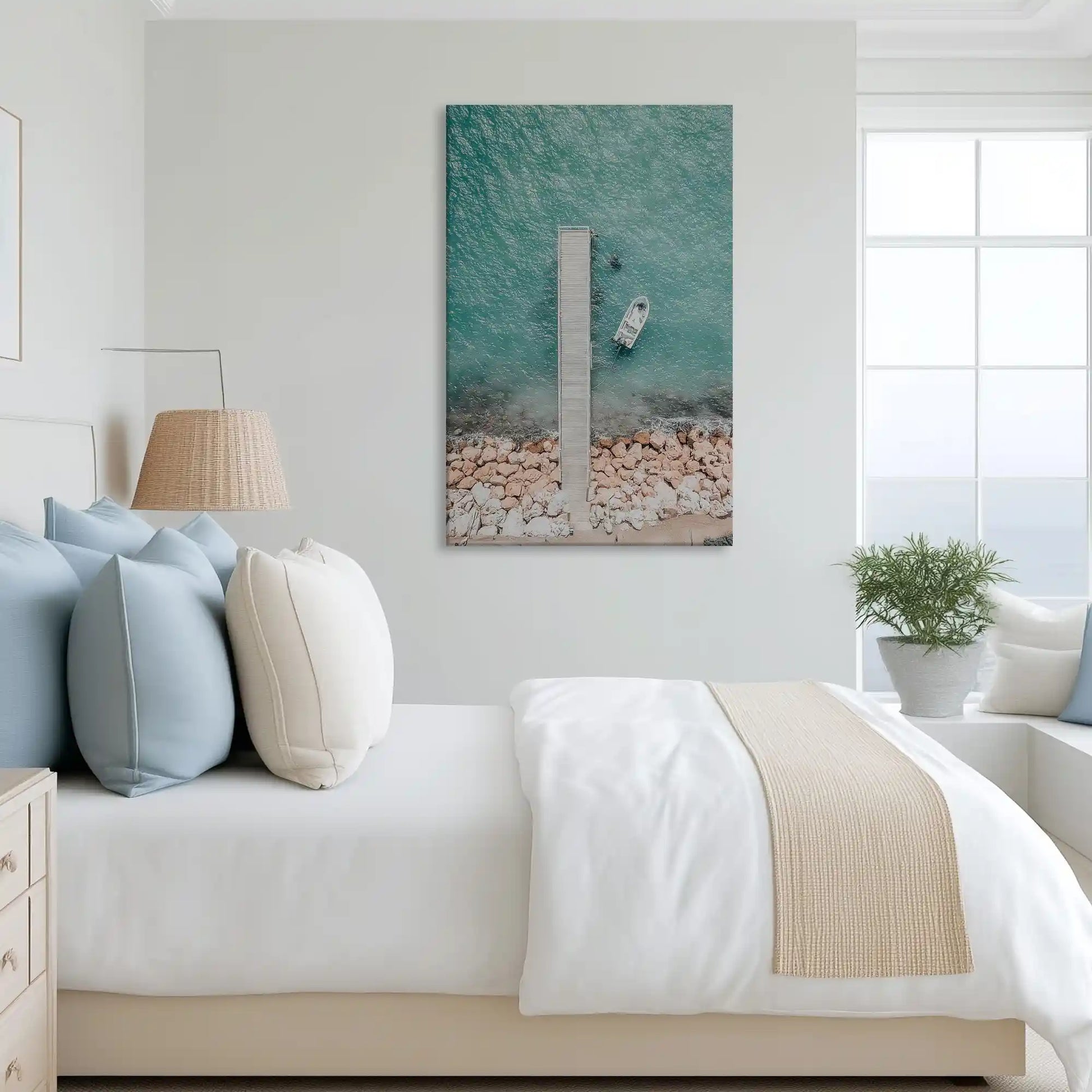 Tranquil pier canvas art complementing Scandinavian dining interiors with soft natural palette
