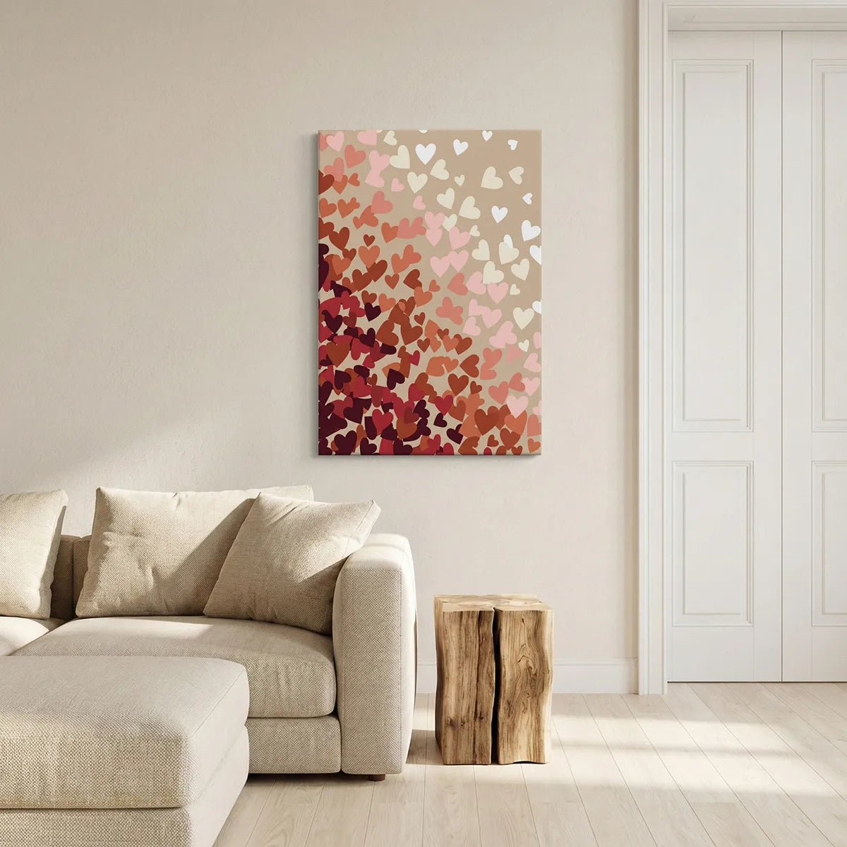 Playful heart-themed canvas wall art with overlapping shapes in red, pink, and beige on a minimalist vertical layout