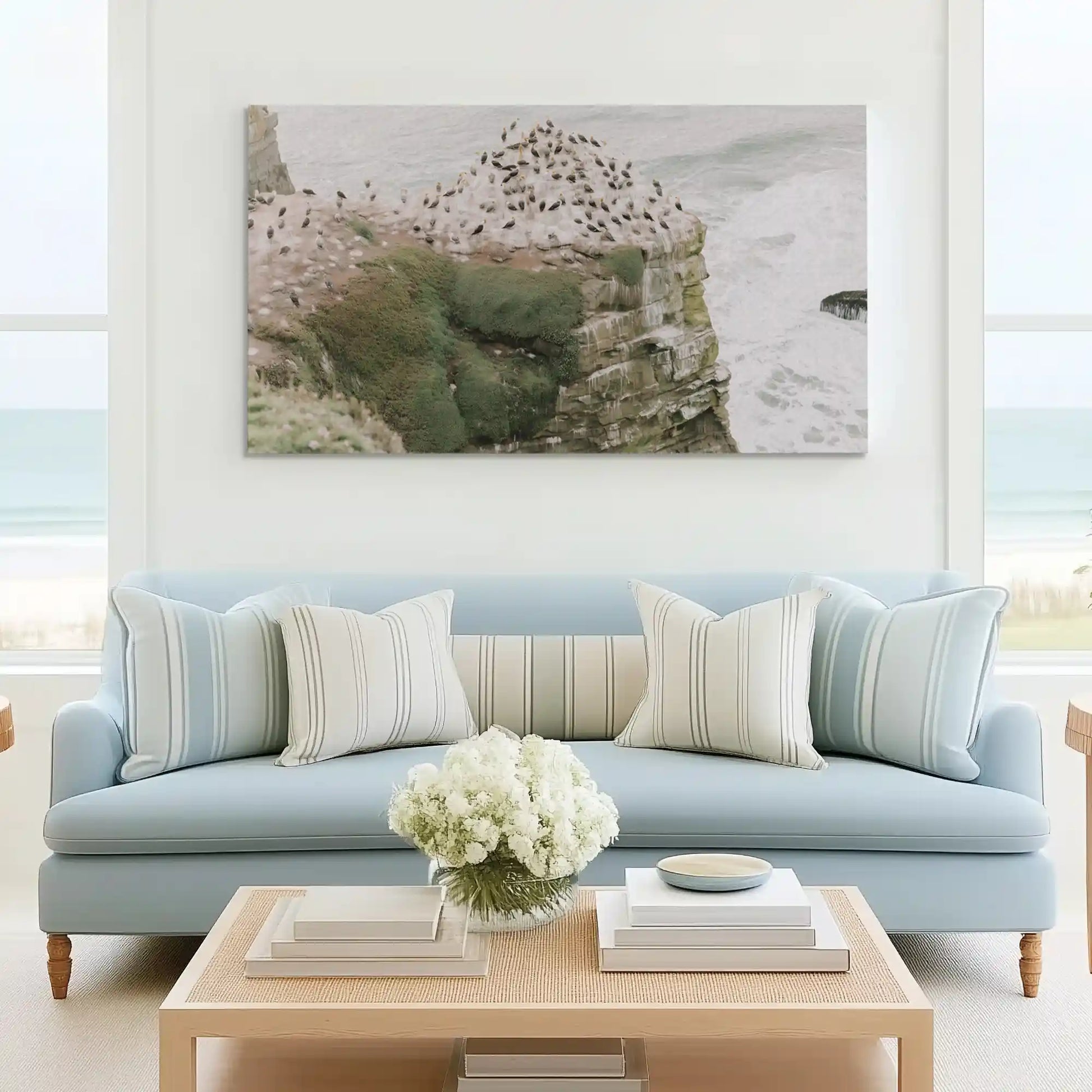 Contemporary coastal canvas print of oceanfront cliffs for serene living room wall decor