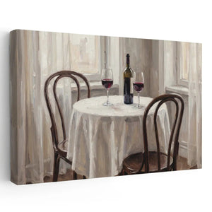 Romantic canvas wall art featuring two wooden chairs and a round table with wine, set before large windows with sheer curtains