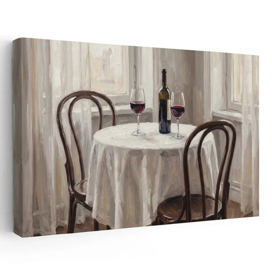 Romantic canvas wall art featuring two wooden chairs and a round table with wine, set before large windows with sheer curtains