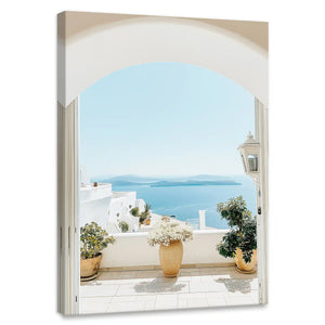 Mediterranean terrace canvas wall art for bedroom featuring arch view of sea and potted flowers
