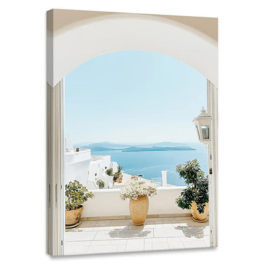 Mediterranean terrace canvas wall art for bedroom featuring arch view of sea and potted flowers