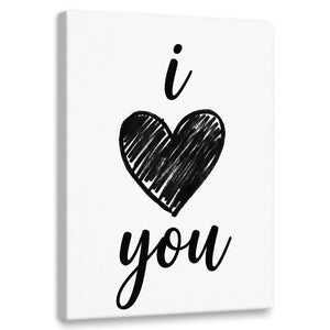 Minimalist canvas wall art featuring a bold black hand-drawn heart with handwritten text reading 'i' above and 'you' below on white background