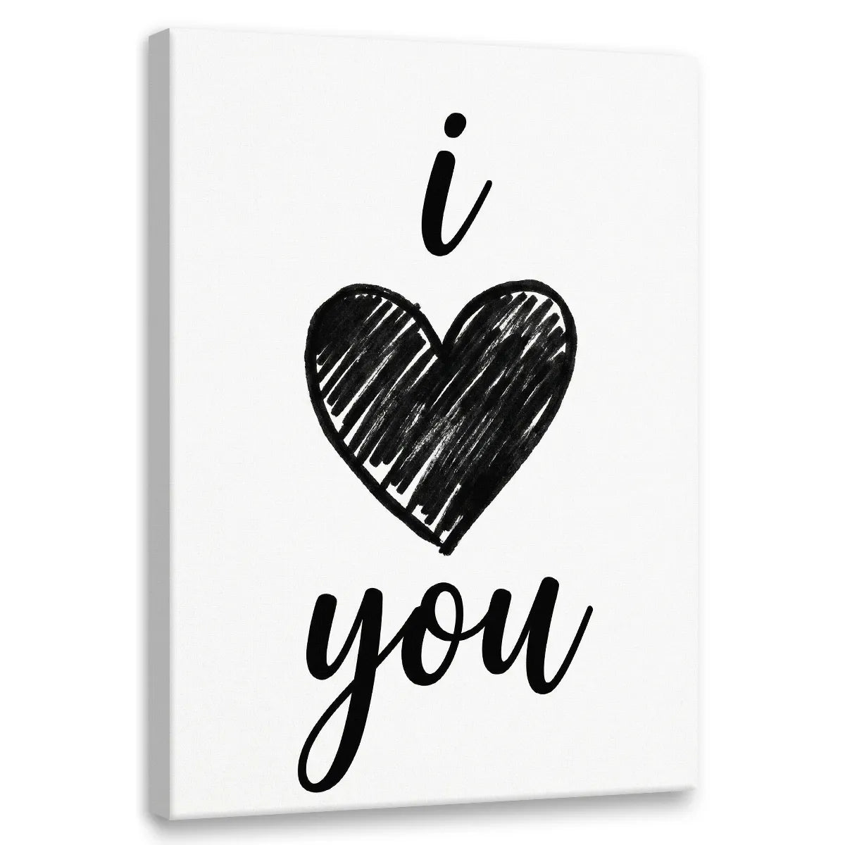 Minimalist canvas wall art featuring a bold black hand-drawn heart with handwritten text reading 'i' above and 'you' below on white background