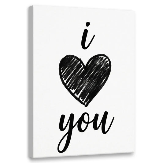 Minimalist canvas wall art featuring a bold black hand-drawn heart with handwritten text reading 'i' above and 'you' below on white background