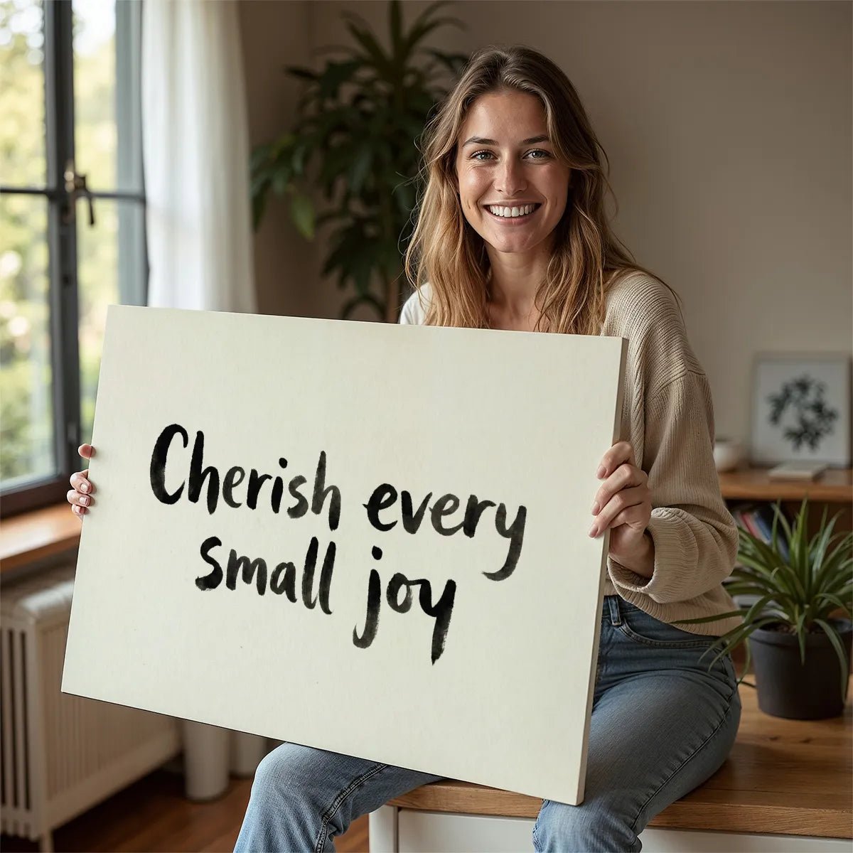 Neutral-toned canvas wall art showing the quote 'Cherish every small joy' in a calm, uplifting handwritten style