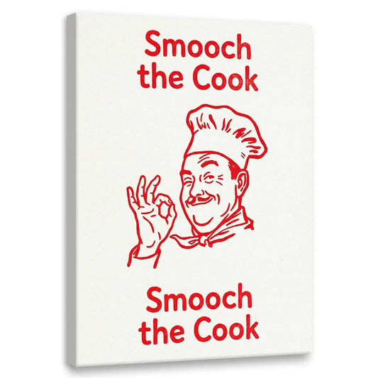 Retro canvas wall art featuring a cheerful cartoon chef with a mustache making an OK gesture and the text 'Smooch the Cook'.