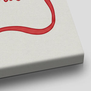Fine art canvas with high-contrast red and white palette, displaying a warm romantic message in cursive script