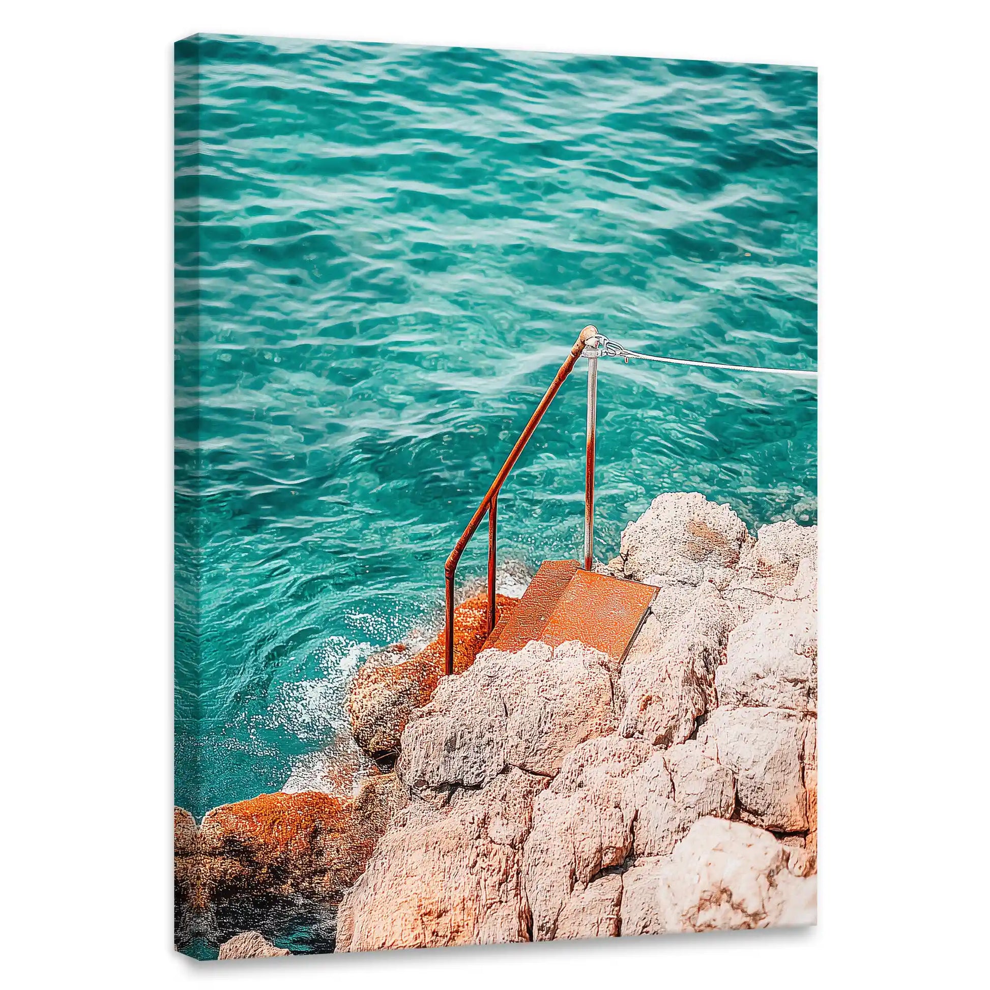 Turquoise coastal canvas wall art for bedroom featuring rocky shoreline and rust-colored ladder