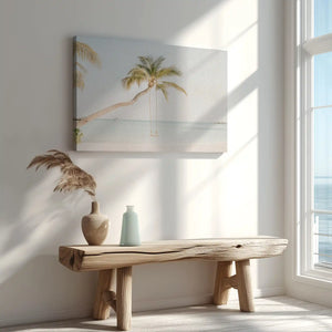 Palm tree beach painting captured in canvas art with tropical coastal style