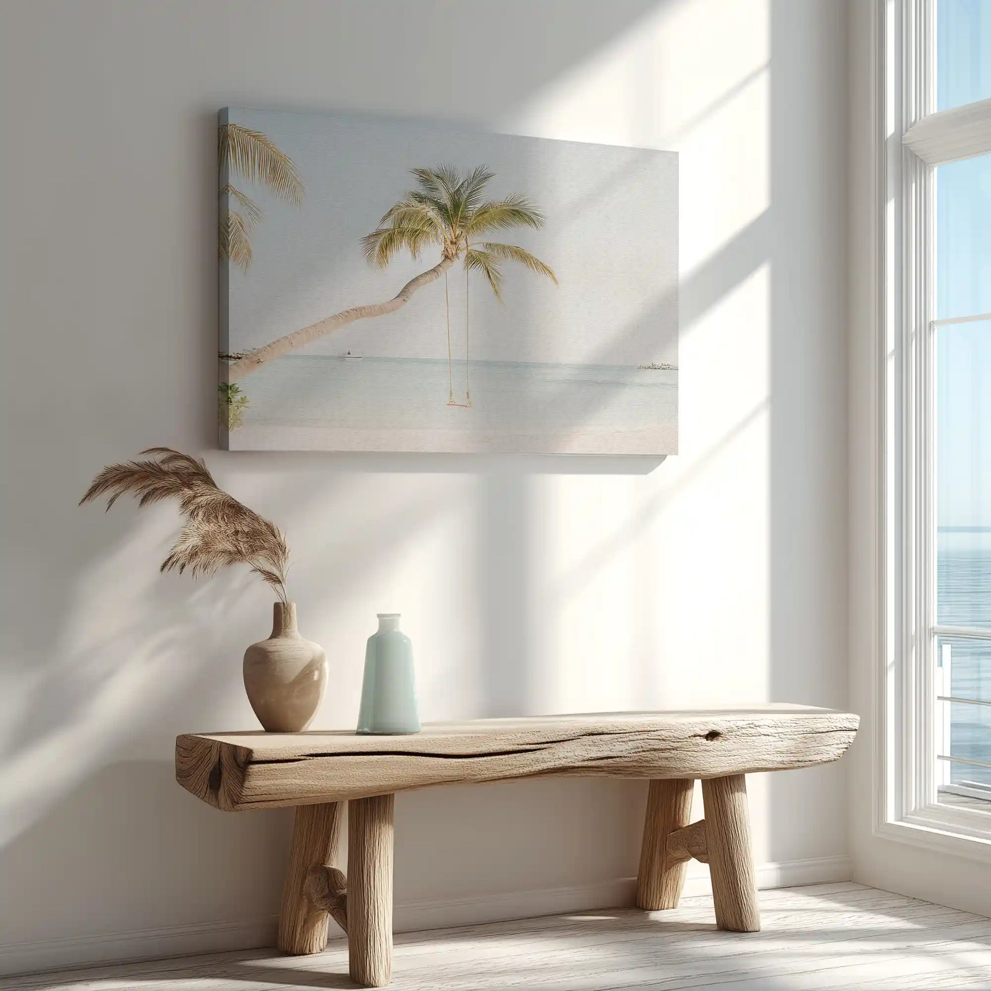 Palm tree beach painting captured in canvas art with tropical coastal style