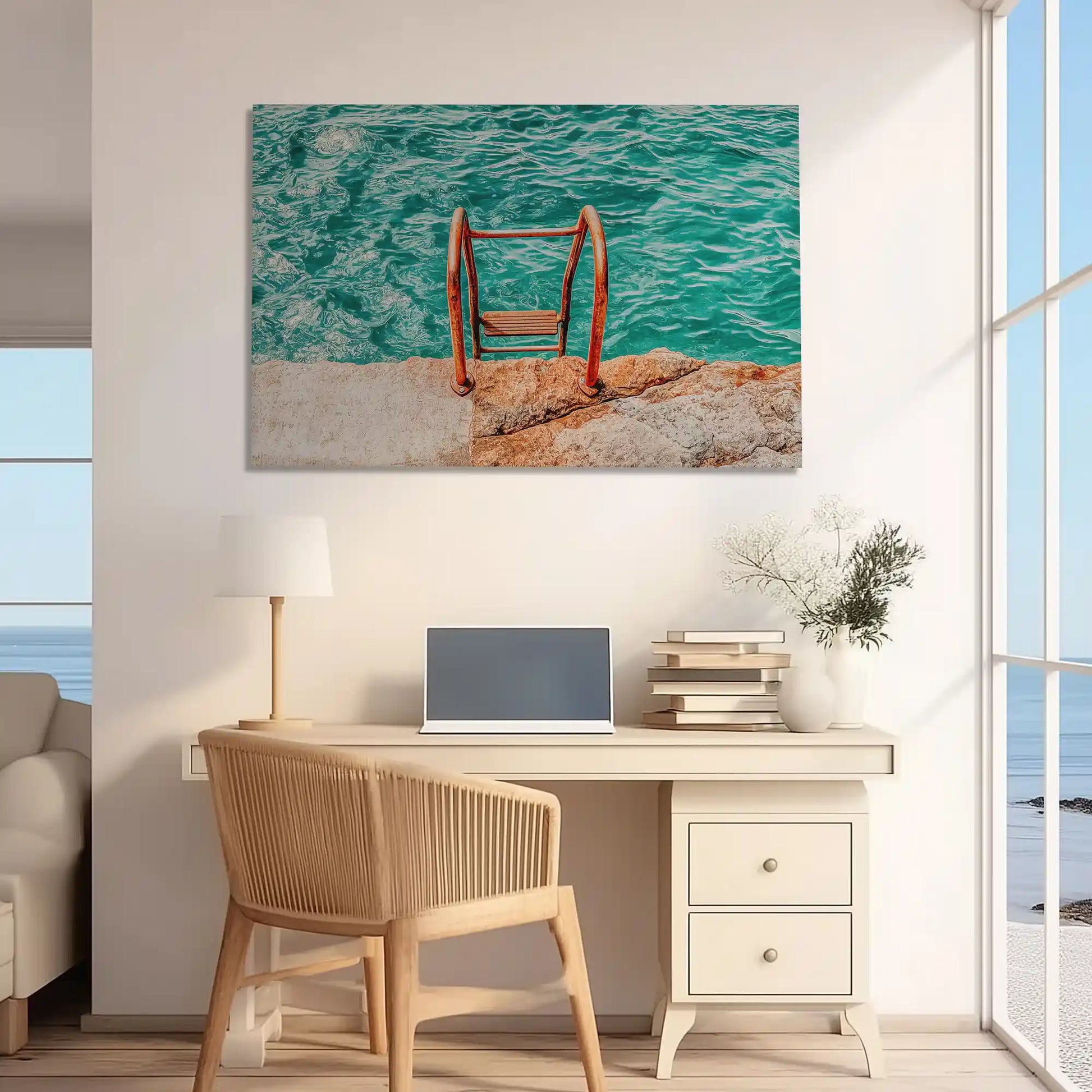 Oversized ocean ladder canvas print styled as nautical wall decor for homes