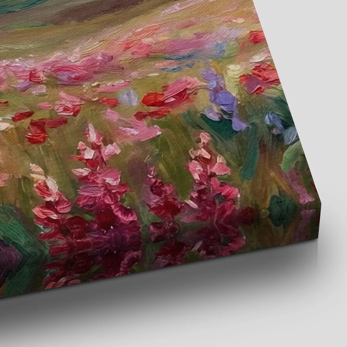 Painterly canvas print showing a red heart-shaped balloon drifting above blooming flowers and layered mountain scenery.