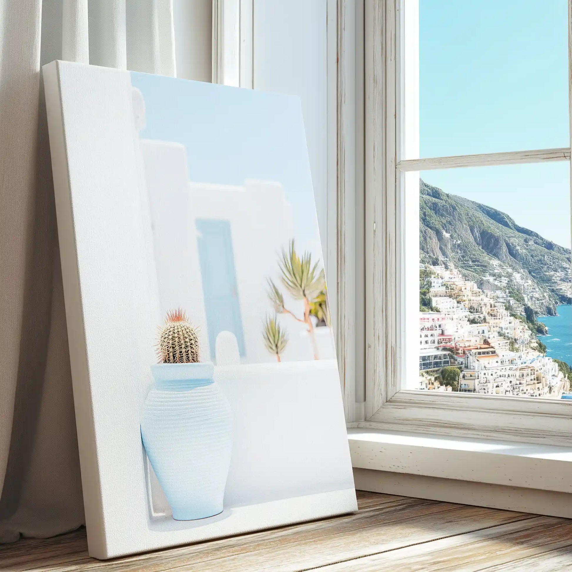 Still life pottery and cactus scene captured in canvas print with clean style