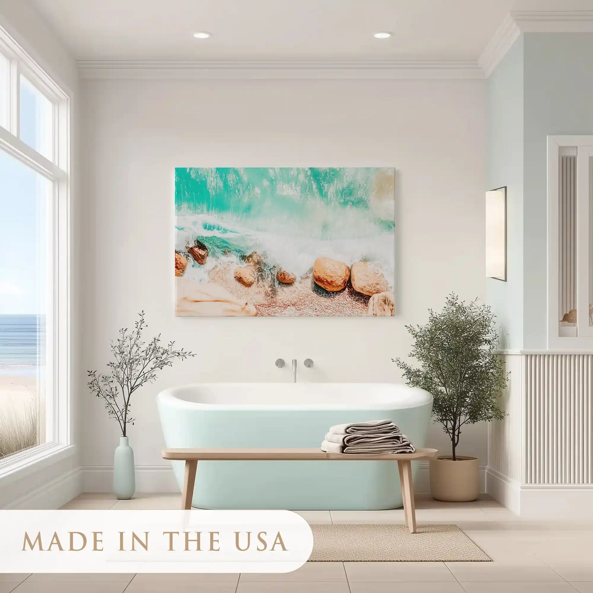 Calming seascape canvas wall art with sandy shoreline and turquoise blue ocean