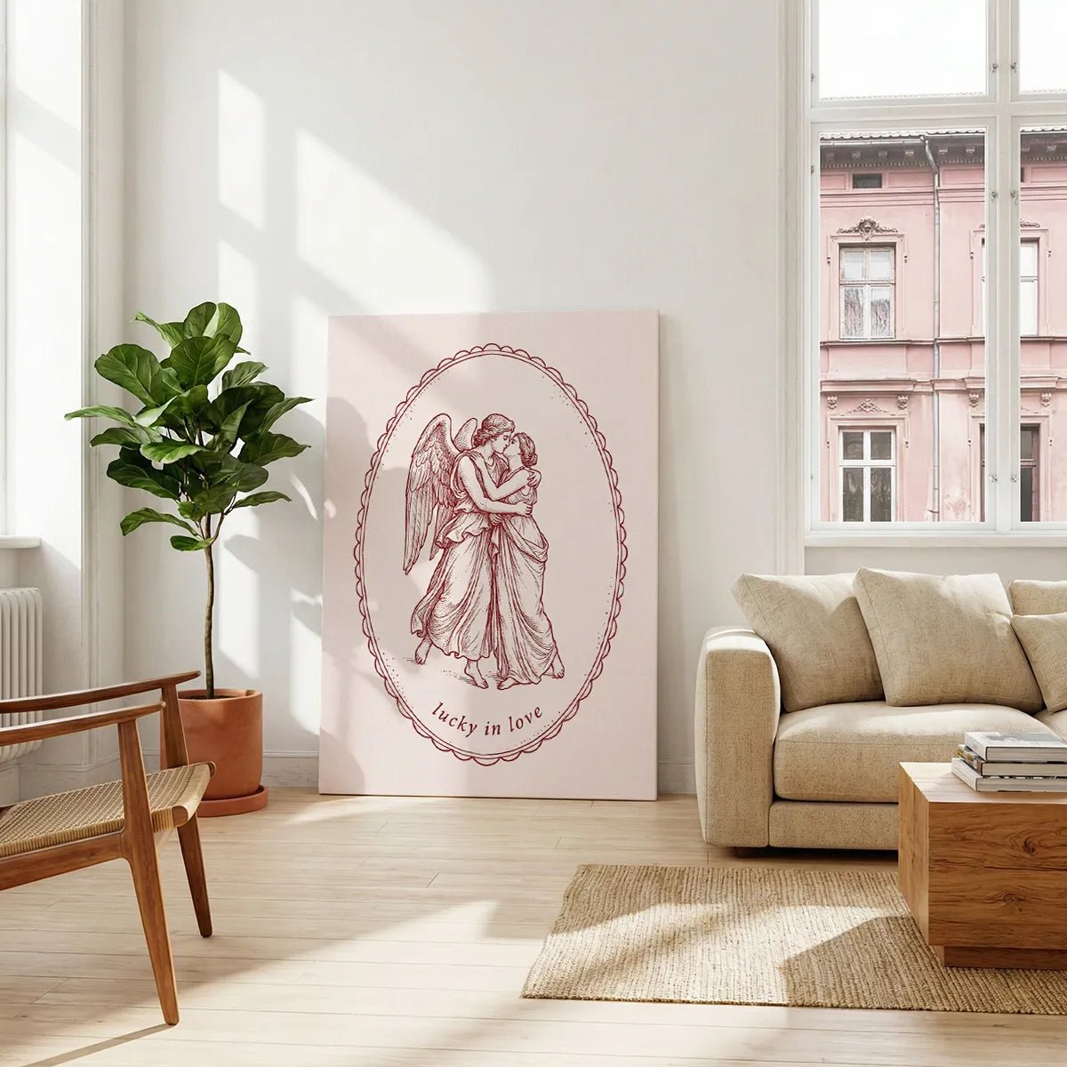 Modern canvas art with a classical twist, featuring a monochrome depiction of winged affection and elegant drapery in a muted palette.