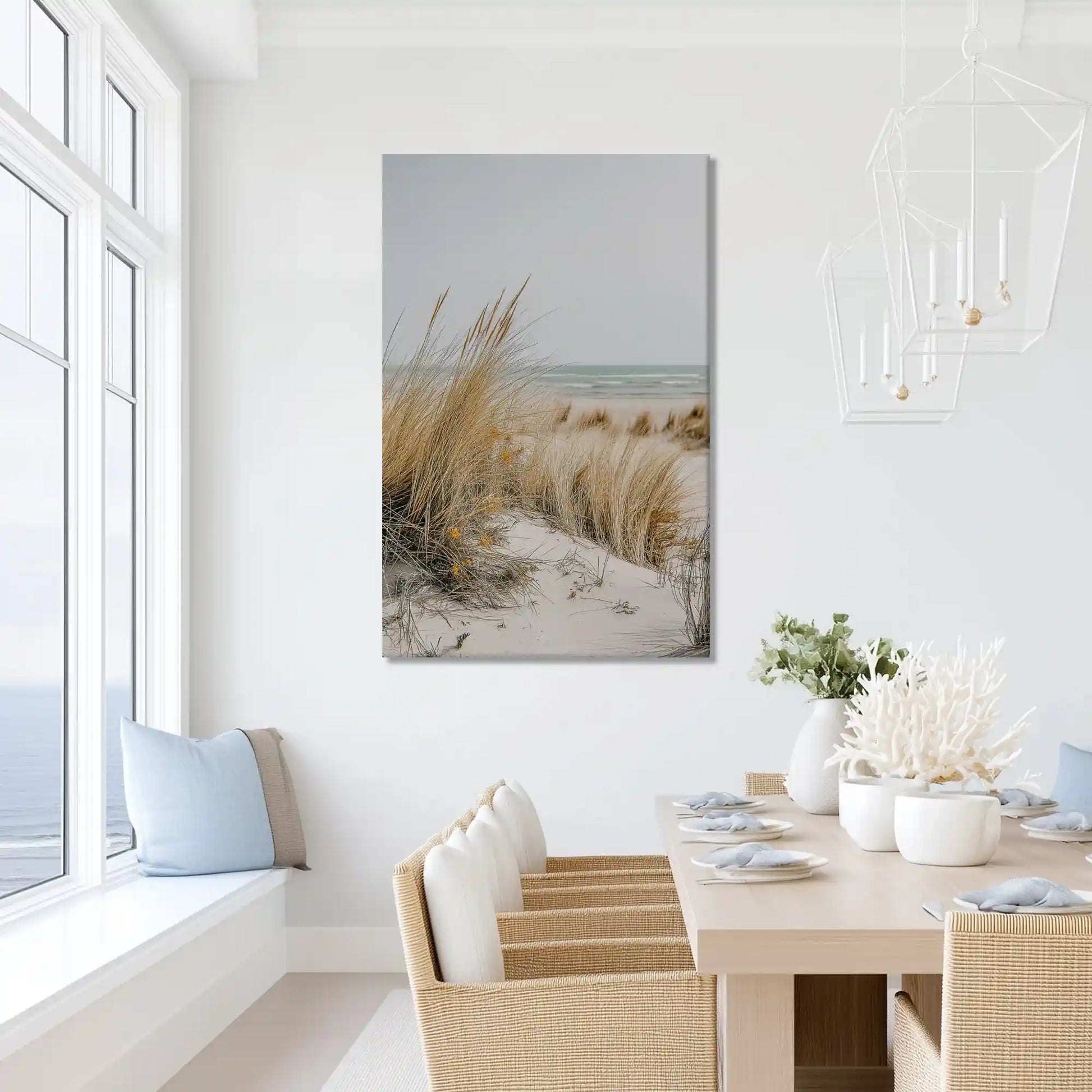 Peaceful shoreline dune painting with muted hues, ideal for dining room or bedroom walls