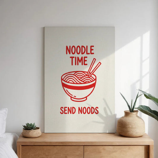 Minimalist canvas wall art with a centralized red noodle bowl, chopsticks, and humorous pop art text in a high-contrast layout.