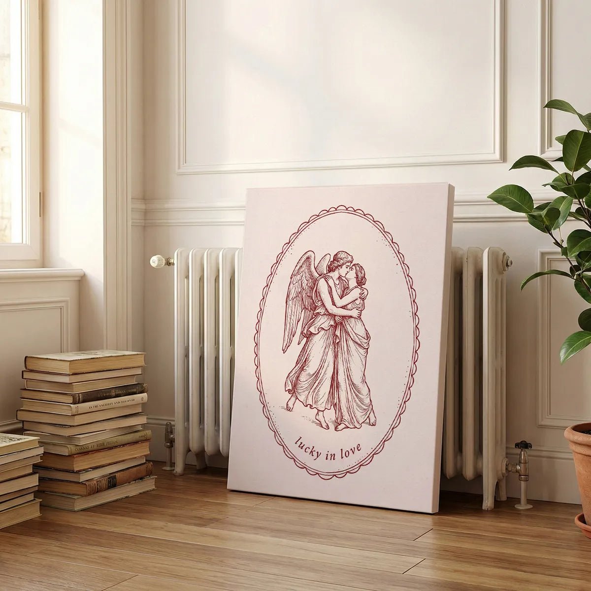 Canvas artwork in vintage style showing a central embrace between two classical figures, enclosed in an ornate oval frame.