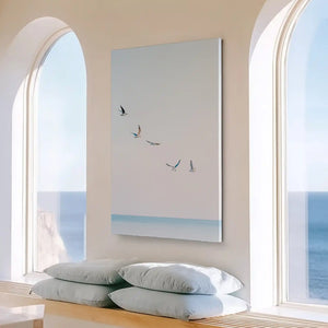 Large ocean horizon painting perfect for bedroom wall, evoking peaceful and open atmosphere