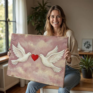 Modern canvas art featuring a peaceful scene of two white doves and a red heart, painted in a soft, antique-inspired palette.