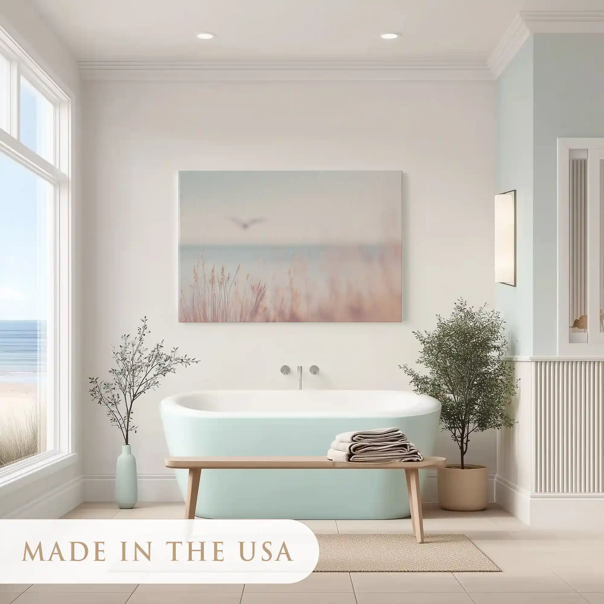 Peaceful seascape painting in muted hues ideal for dining room wall decor