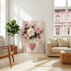 Fine art canvas with loose brushstrokes forming pink and white roses above a heart, evoking a warm, loving mood