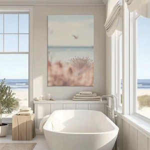Serene coastal painting with bird enriching contemporary wall decor style